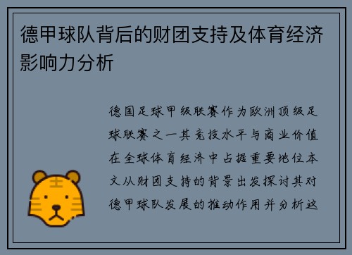德甲球队背后的财团支持及体育经济影响力分析